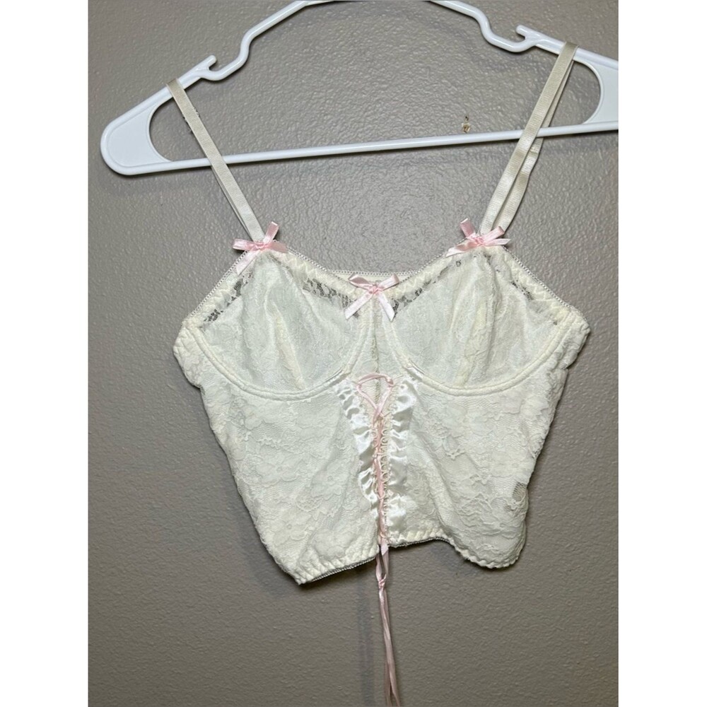 Coquette Pink Bows Cream Floral Lace Corset Top Women’s Size Medium